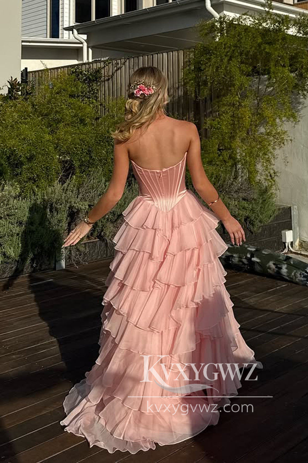 Stunning A Line Sweetheart Evening Gown Blush Pink Tiered Chiffon Prom Dress with Slit LF1333