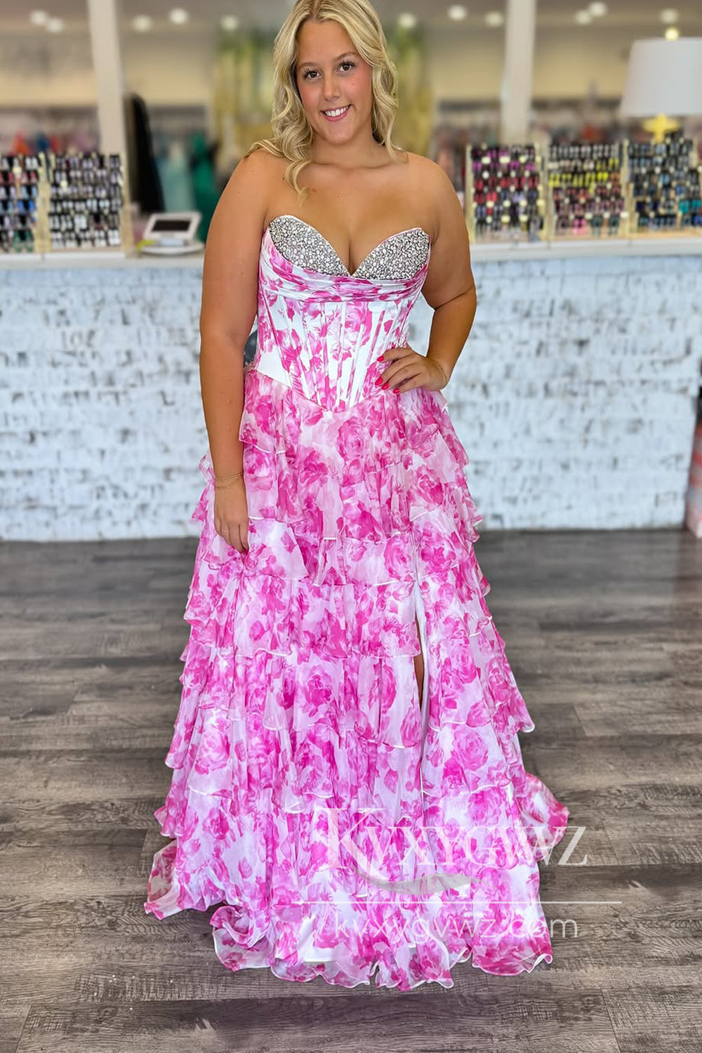 A-Line Strapless Pink Evening Gown Floral Printed Ruffle Tiered Long Prom Dress with Beadings LF1334