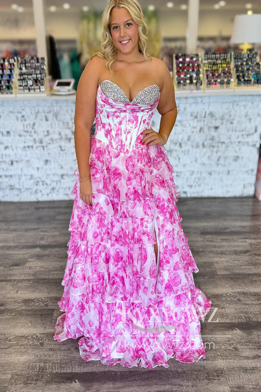 A-Line Strapless Pink Evening Gown Floral Printed Ruffle Tiered Long Prom Dress with Beadings LF1334