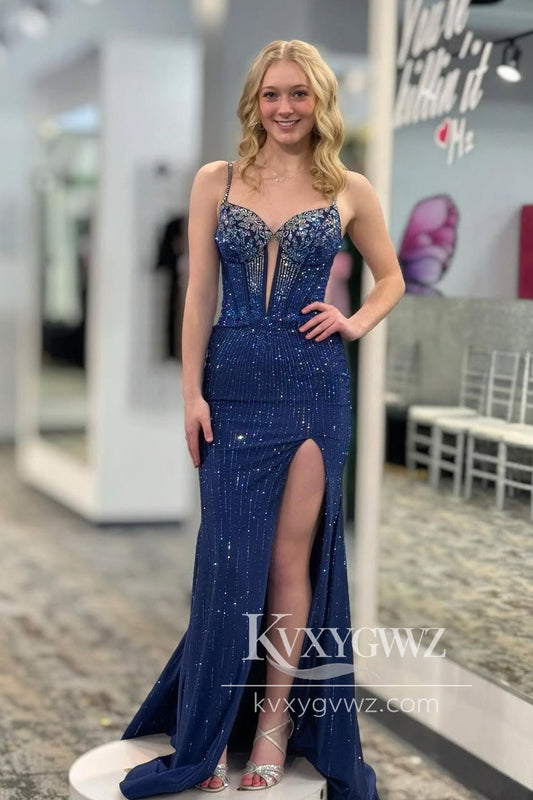 Mermaid Sweetheart Evening Gown Navy Blue Keyhole Sequins Beads Long Prom Dress with Slit LF1335