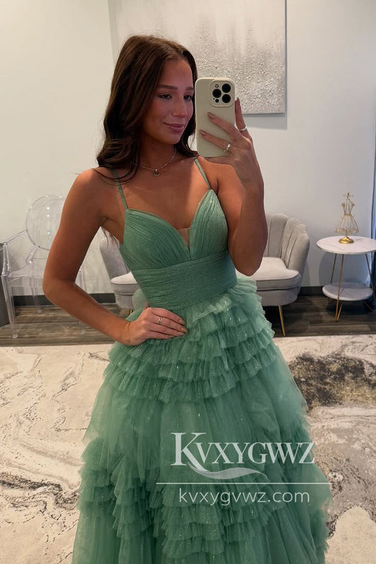 Spaghetti Strap A-Line Evening Gown V Neck Sage Green Tulle Long Prom Dress LF1336