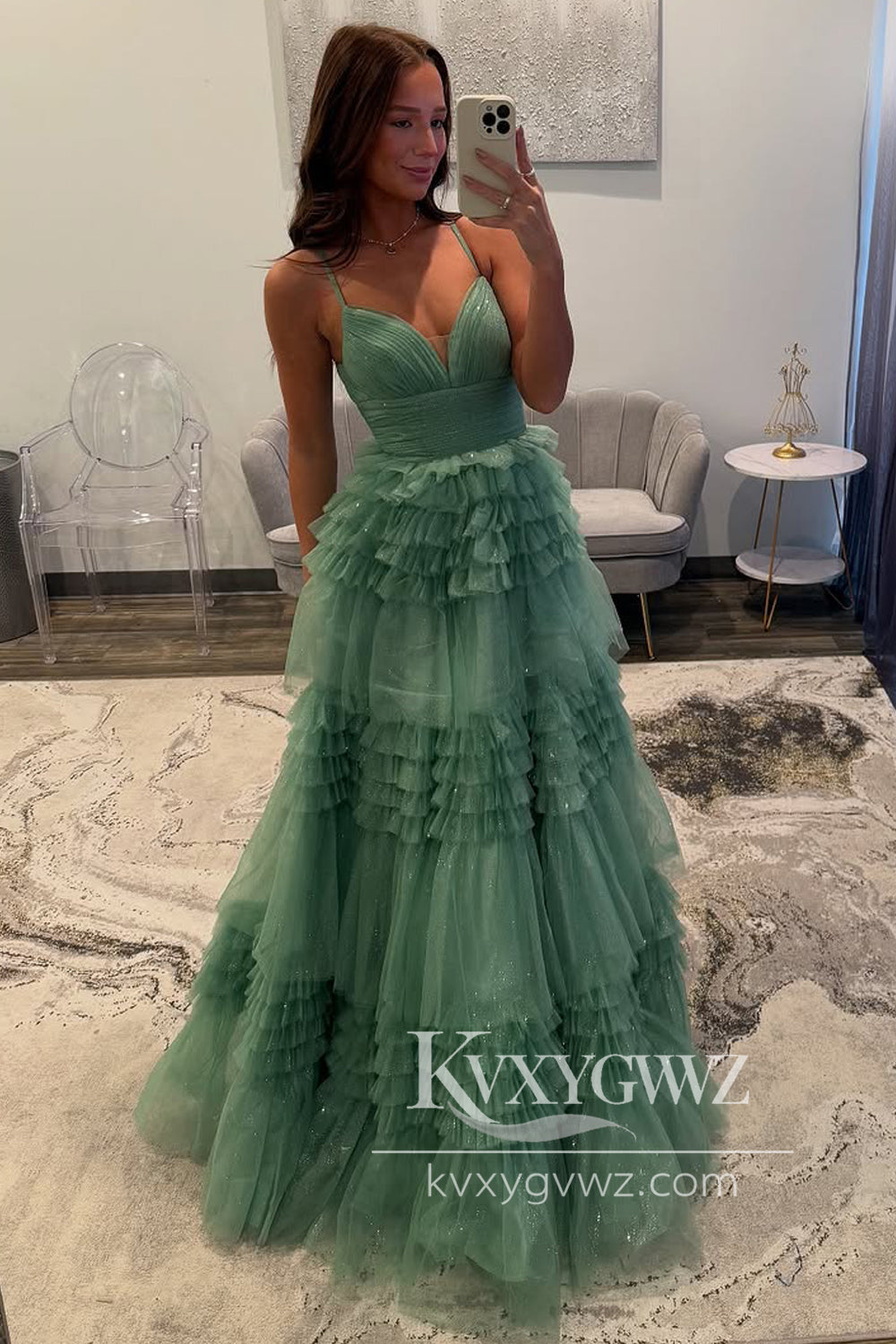 Spaghetti Strap A-Line Evening Gown V Neck Sage Green Tulle Long Prom Dress LF1336