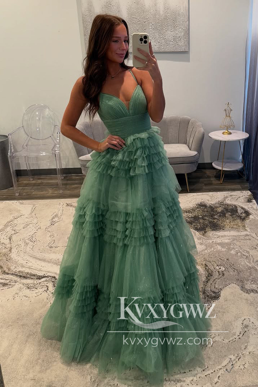 Spaghetti Strap A-Line Evening Gown V Neck Sage Green Tulle Long Prom Dress LF1336