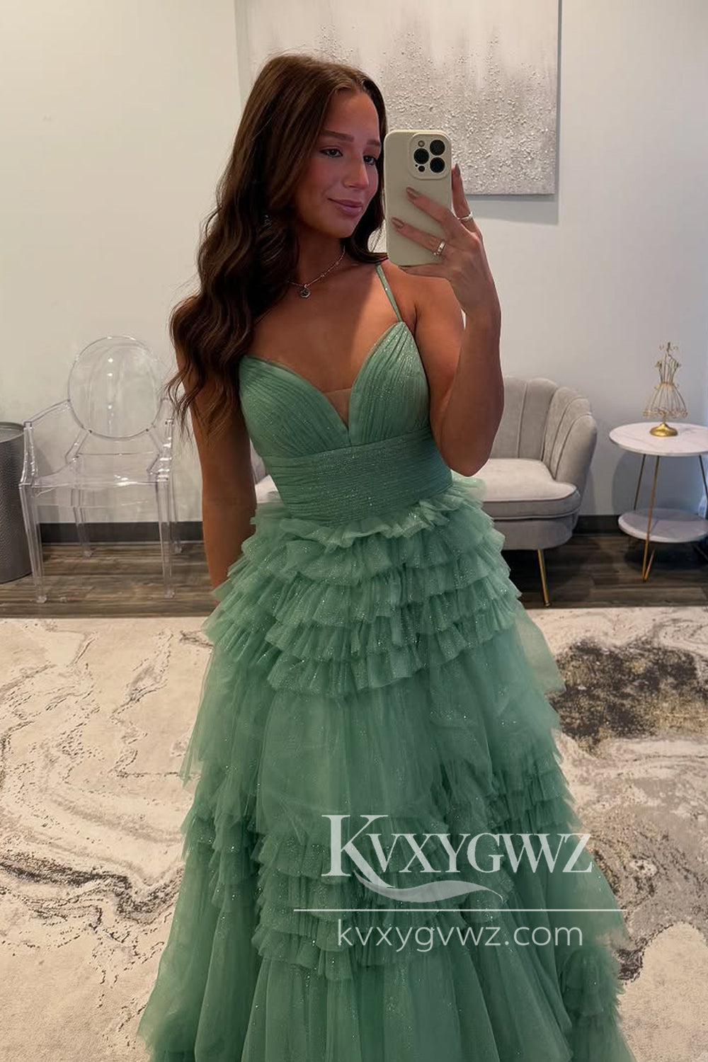 Spaghetti Strap A-Line Evening Gown V Neck Sage Green Tulle Long Prom Dress LF1336