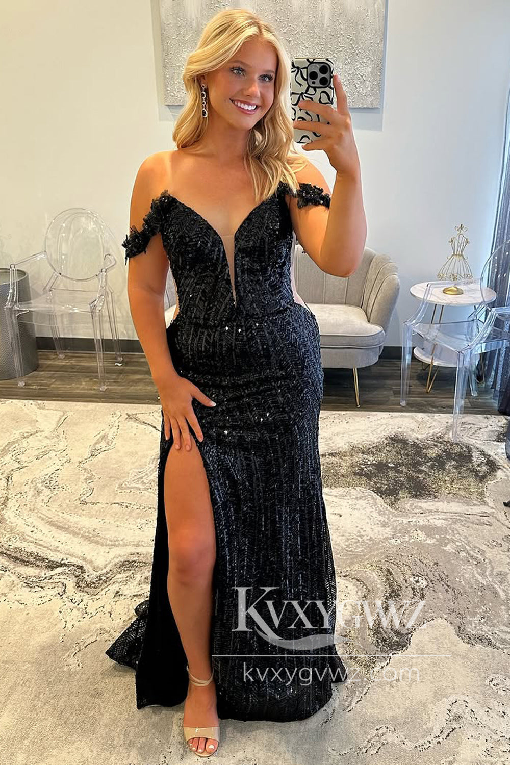 Mermaid Off the Shoulder Evening Gown Black Sequins Lace Long Prom Dress with Slit LF1337