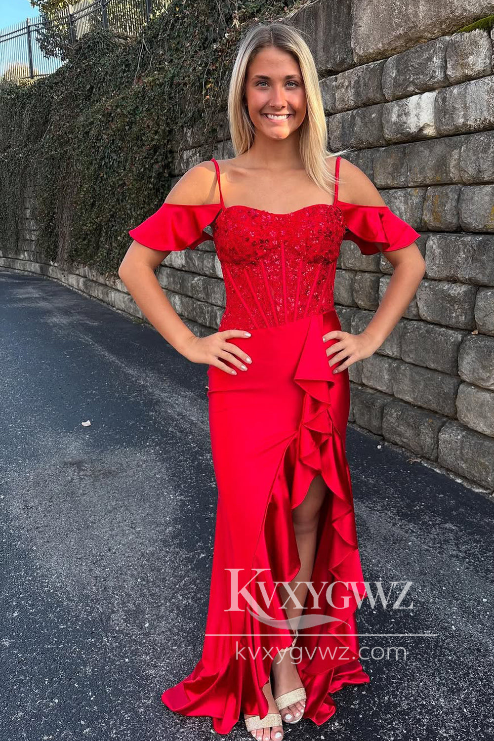 Mermaid Cold Shoulder Evening Gown Red Satin Long Prom Dress with Ruffle Slit LF1338