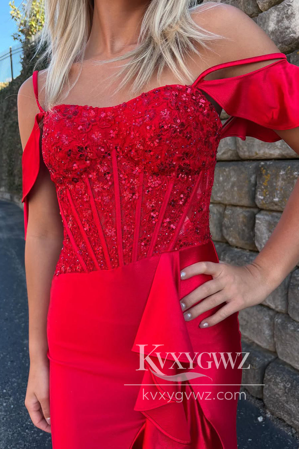Mermaid Cold Shoulder Evening Gown Red Satin Long Prom Dress with Ruffle Slit LF1338