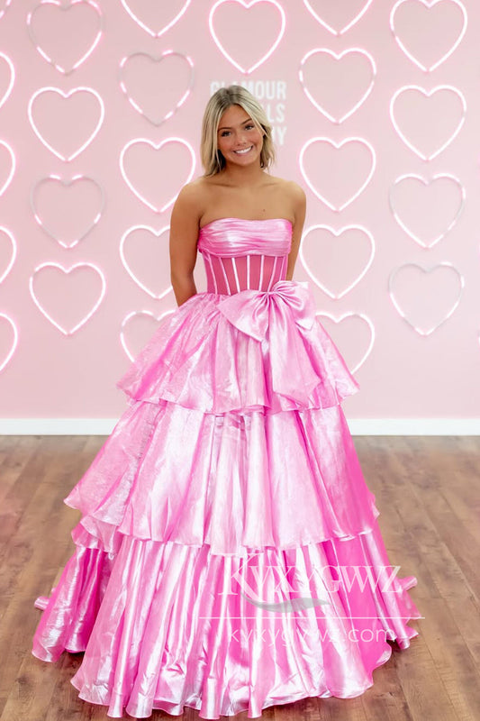 Ball Gown Strapless Pink Organza Evening Gown Ruffle Tiered Long Prom Dress with Bowknot LF1339