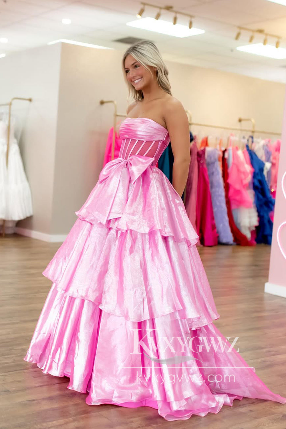 Ball Gown Strapless Pink Organza Evening Gown Ruffle Tiered Long Prom Dress with Bowknot LF1339