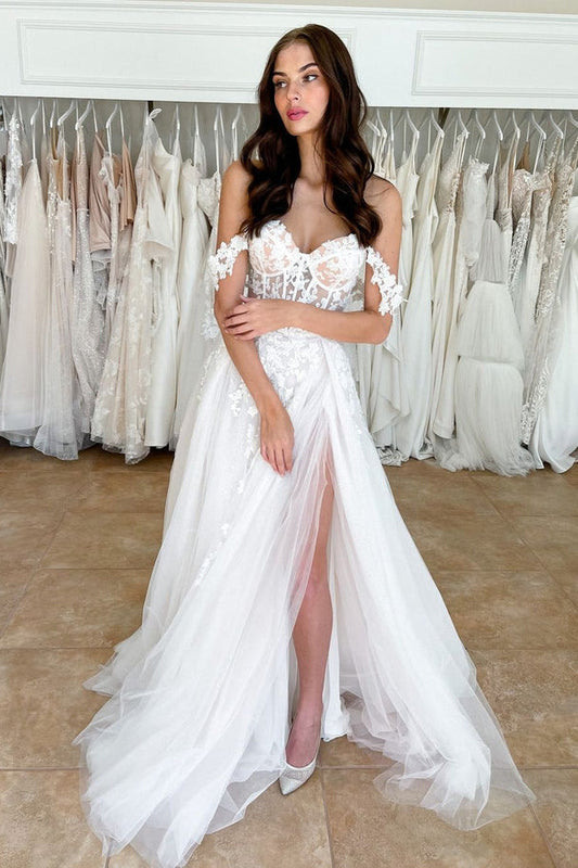 Glamorous A Line Off the Shoulder Tulle Wedding Dresses Gown with Slit HS745