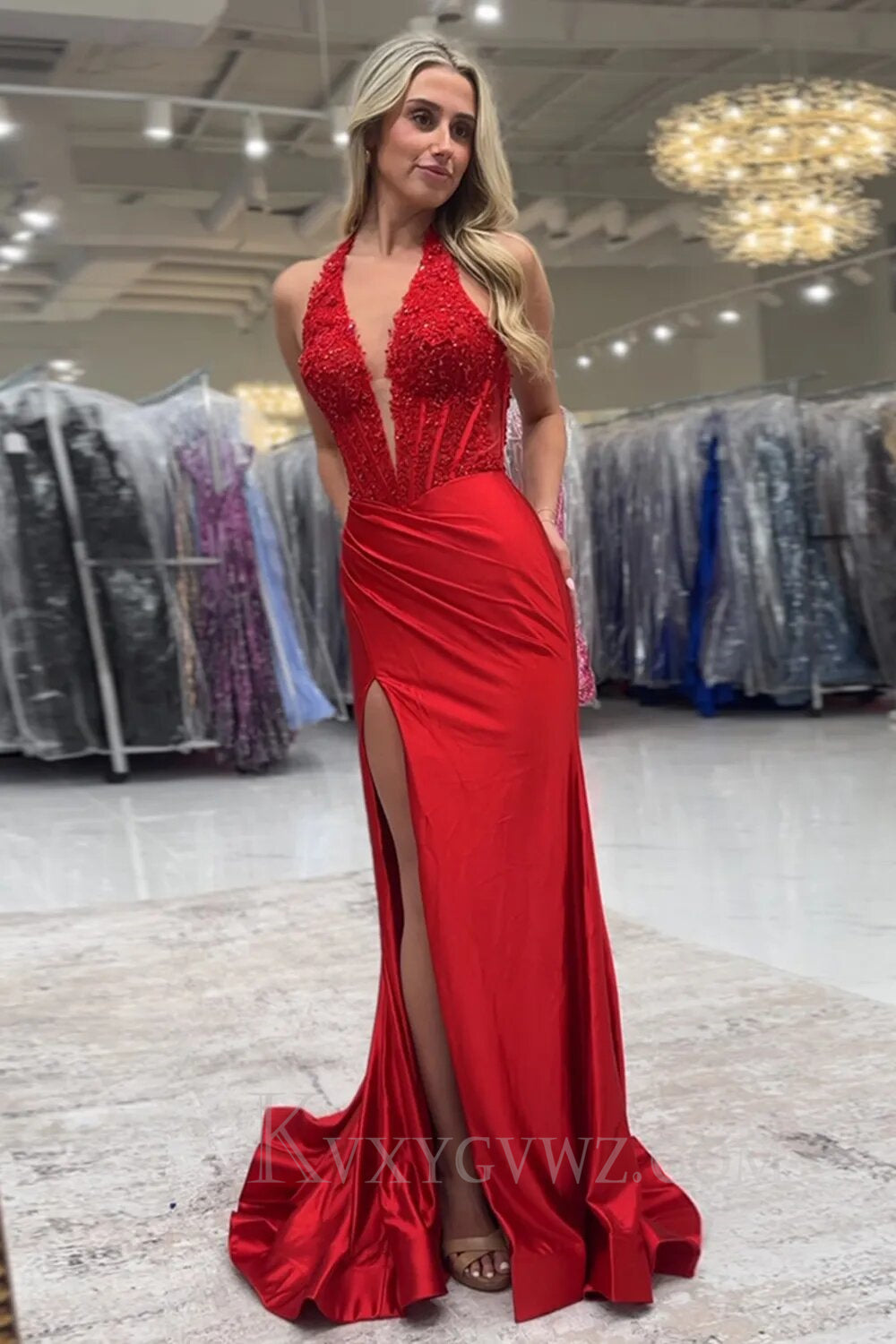 Black Halter Deep V-Neck Lace Corset Prom Dress with Slit LF134