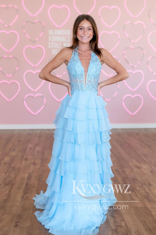 A-Line Halter Light Blue Evening Gown Ruffle Tiered Chiffon Long Prom Dress with Appliques LF1340