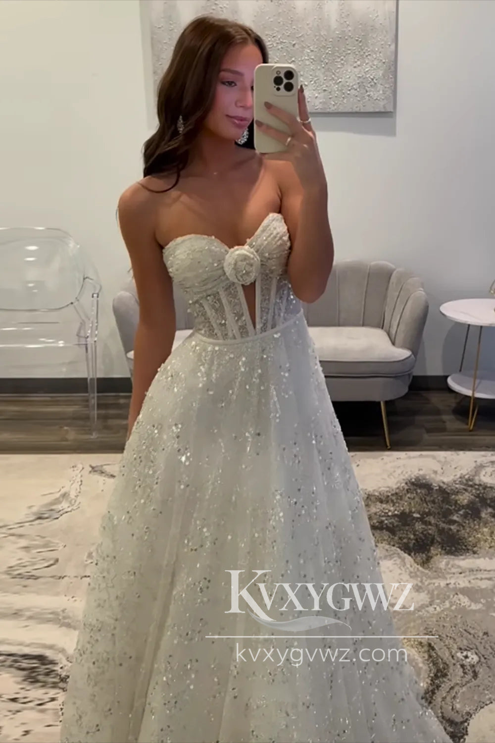 Conspicuous White Sequins Evening Gown Long A Line Sweetheart Prom Dress LF1341