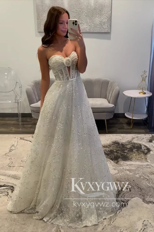 Conspicuous White Sequins Evening Gown Long A Line Sweetheart Prom Dress LF1341