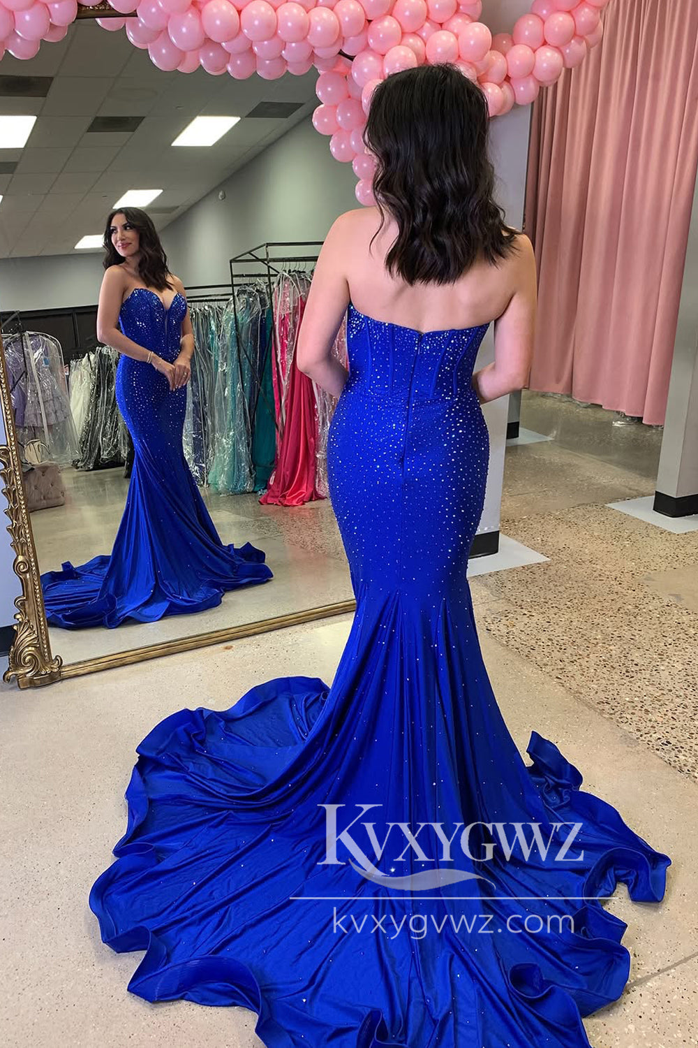 Mermaid Strapless Evening Gown Royal Blue Satin Long Prom Dress with Beads LF1343