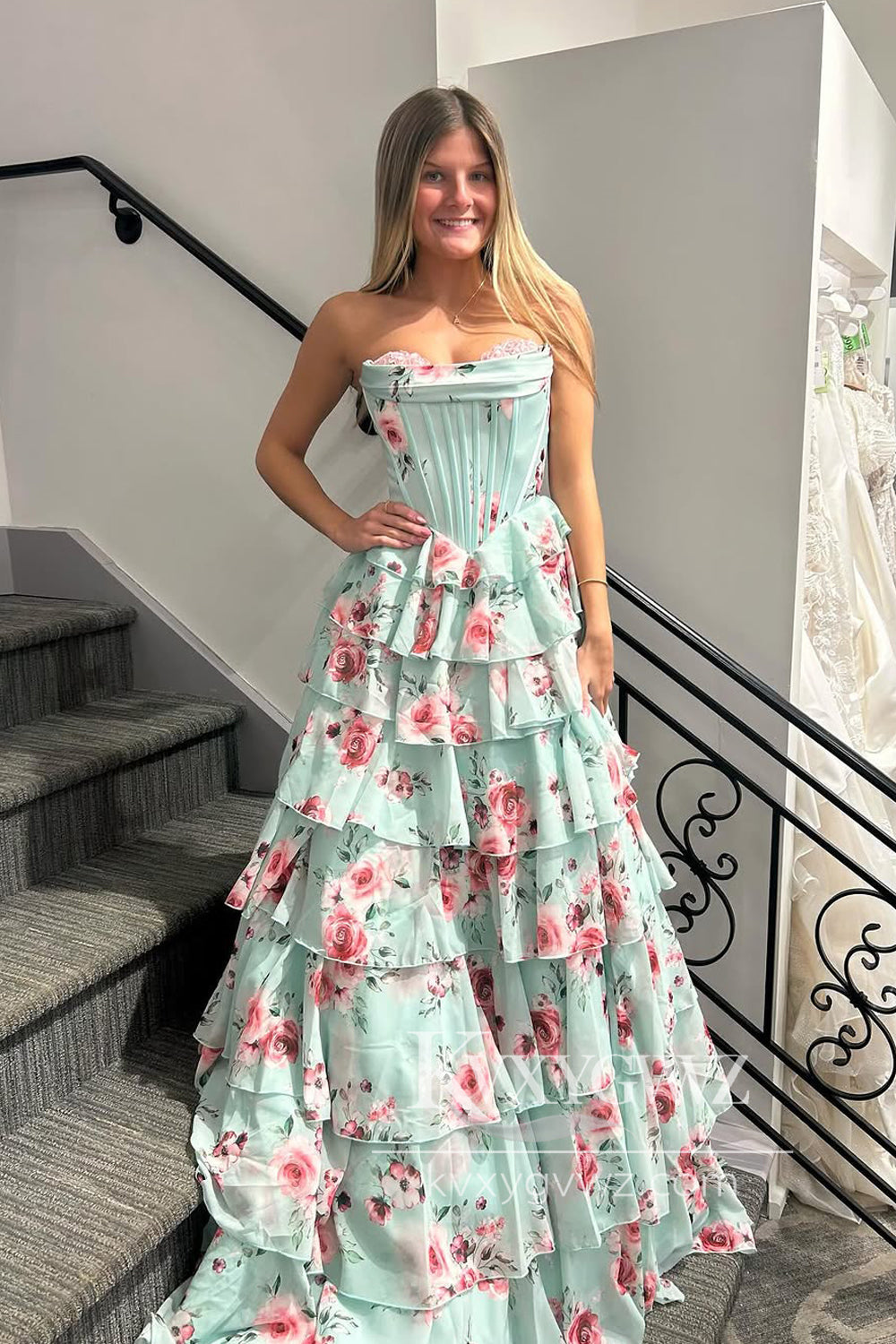 Stunning A Line Strapless Sweetheart Evening Gown Floral Chiffon Tiered Long Prom Dress LF1344