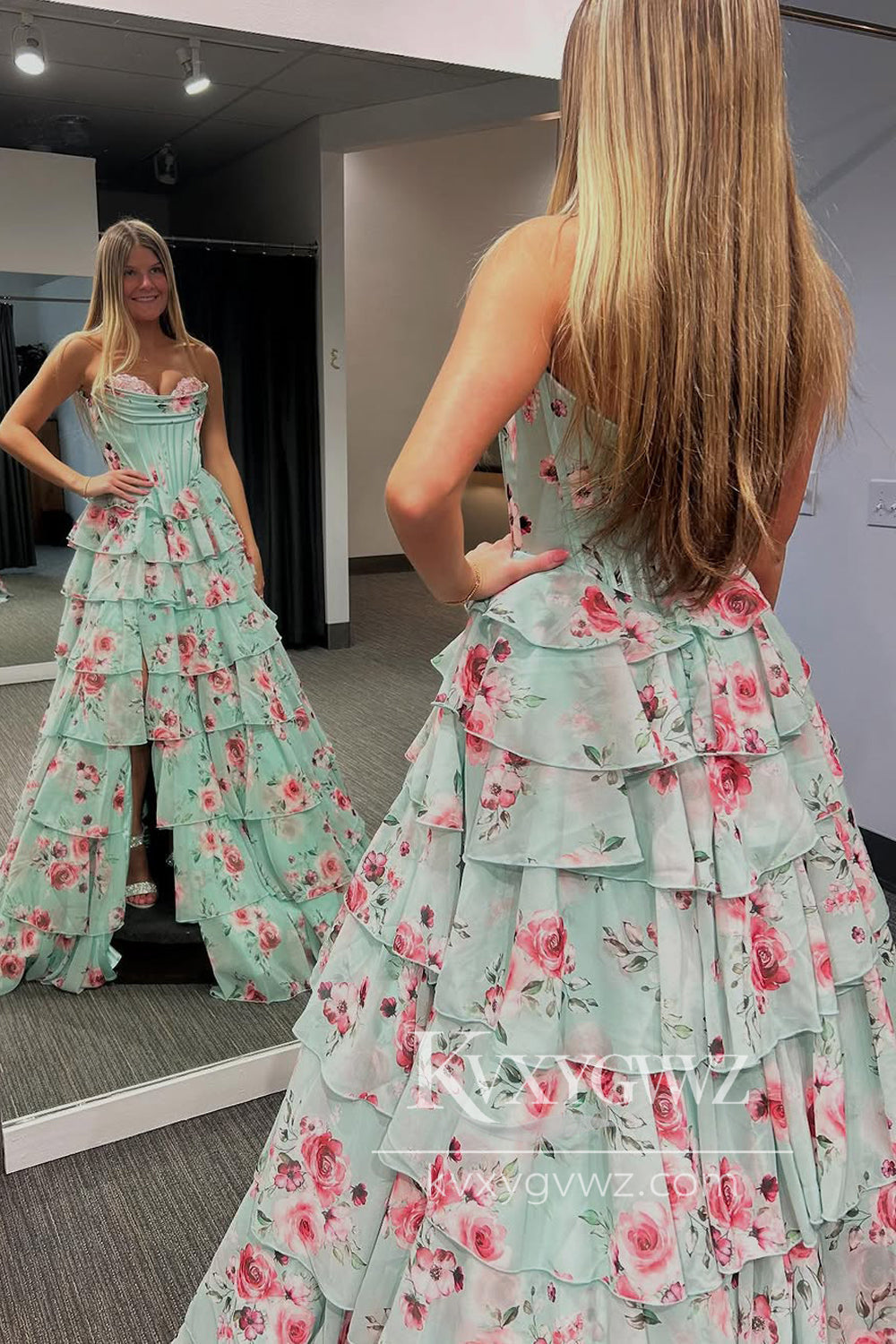 Stunning A Line Strapless Sweetheart Evening Gown Floral Chiffon Tiered Long Prom Dress LF1344