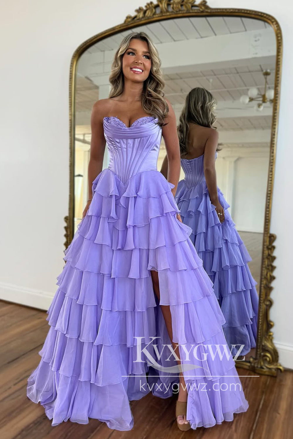 A-Line Strapless Evening Gown Lilac Ruffle Tiered Sweep Train Long Prom Dress with Slit LF1346