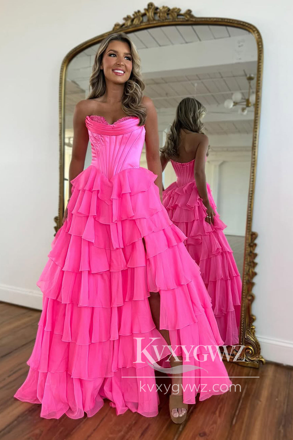 A-Line Strapless Evening Gown Lilac Ruffle Tiered Sweep Train Long Prom Dress with Slit LF1346