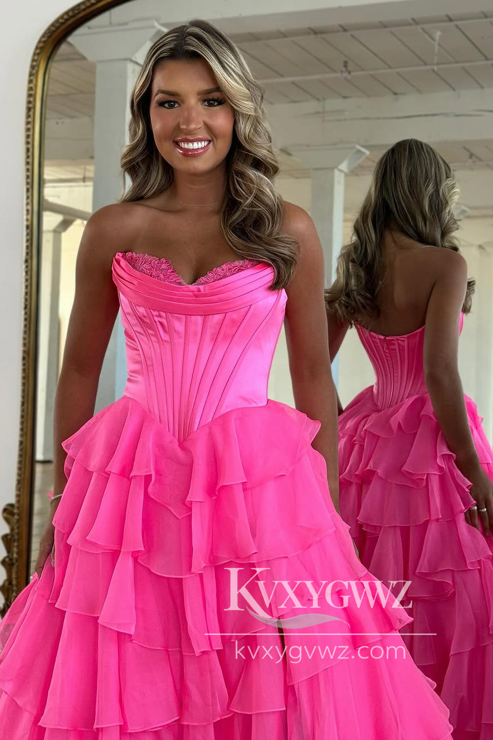 A-Line Strapless Evening Gown Lilac Ruffle Tiered Sweep Train Long Prom Dress with Slit LF1346