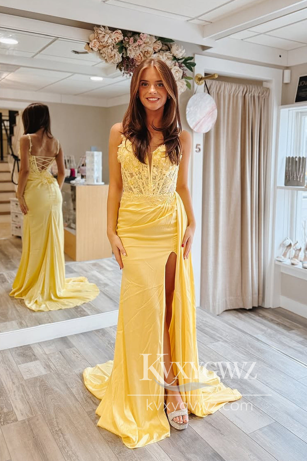 Stunning Sheath Evening Gown Sweetheart Yellow Satin Sweep Train Prom Dress with Slit LF1347