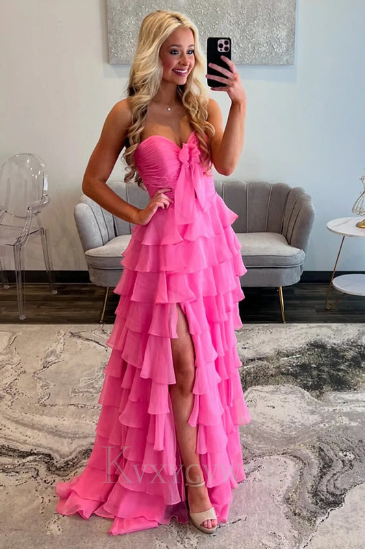Tiered Fuchsia A-Line Sweetheart Prom Dress with Slit LF135