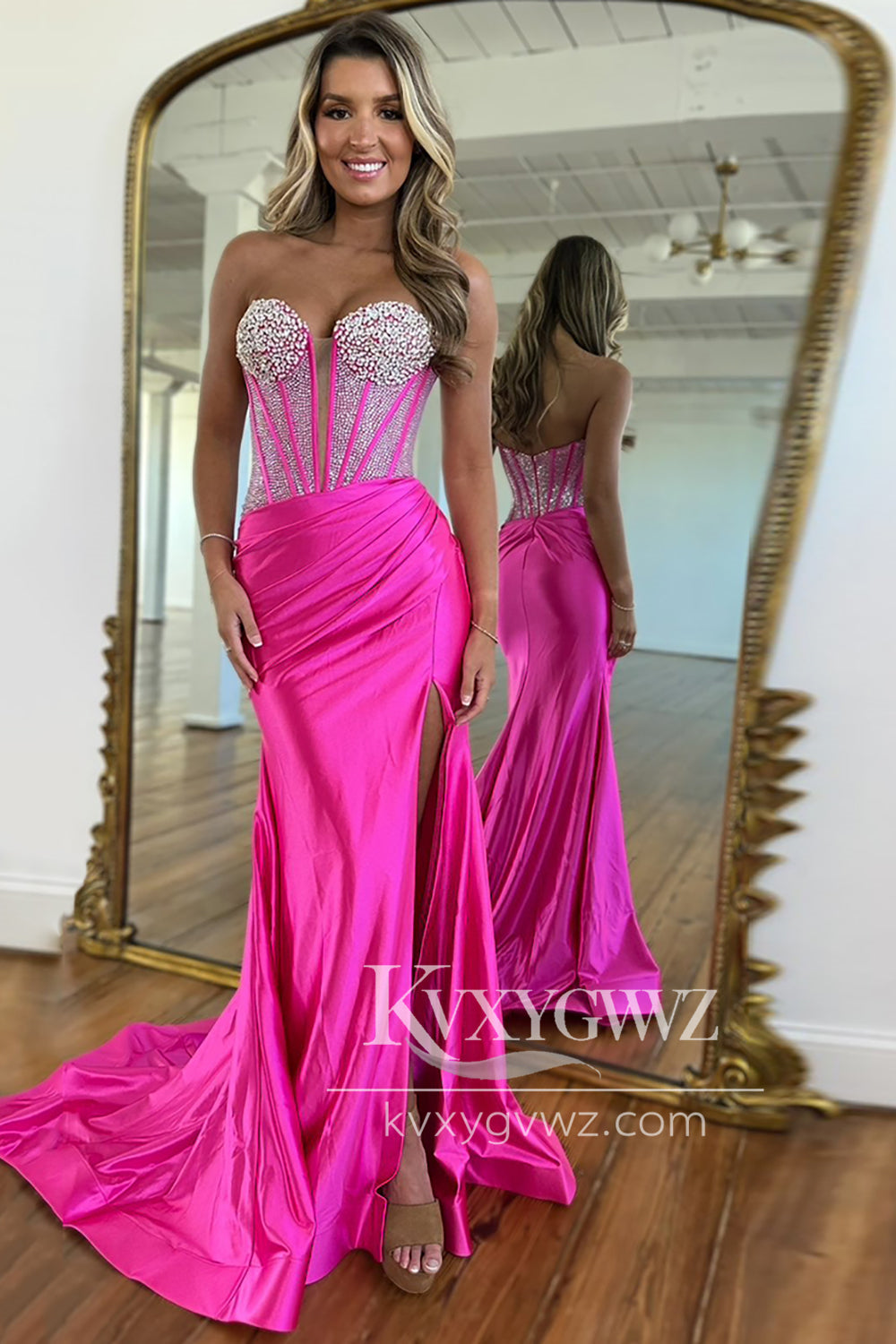Fuchsia Sweetheart Evening Gown Beadings Mermaid Long Satin Prom Dress with Slit LF1351