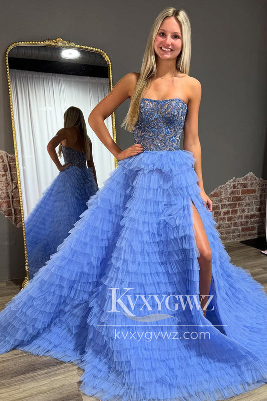 Dazzling Ball Gown Strapless Blue Tiered Evening Gown Tulle Prom Dress with Beading LF1353