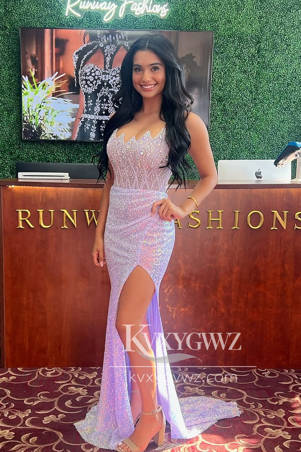 Mermaid Strapless Evening Gown Lilac Sequins Long Prom Dress with Slit LF1355