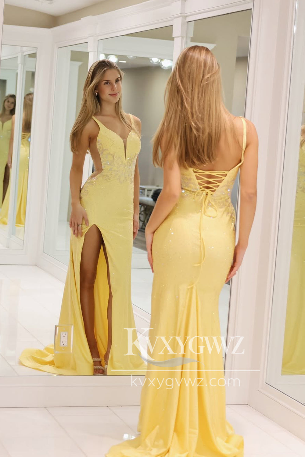 Mermaid V Neck Evening Gown Yellow Satin Long Prom Dress with Slit LF1356