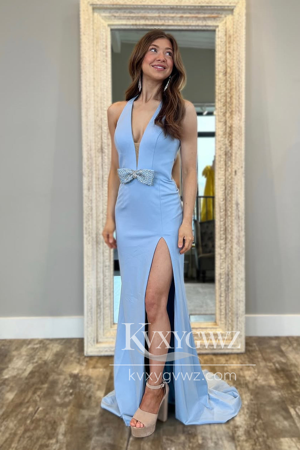 Mermaid Halter Evening Gown Light Blue Satin Long Prom Dress with Bowknot LF1357
