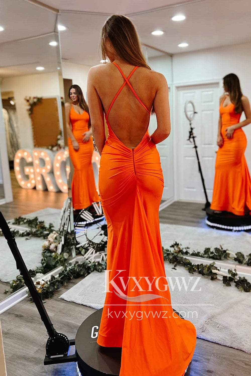Simple Mermaid Halter Evening Gown Orange Satin Long Prom Dress With Slit LF1358