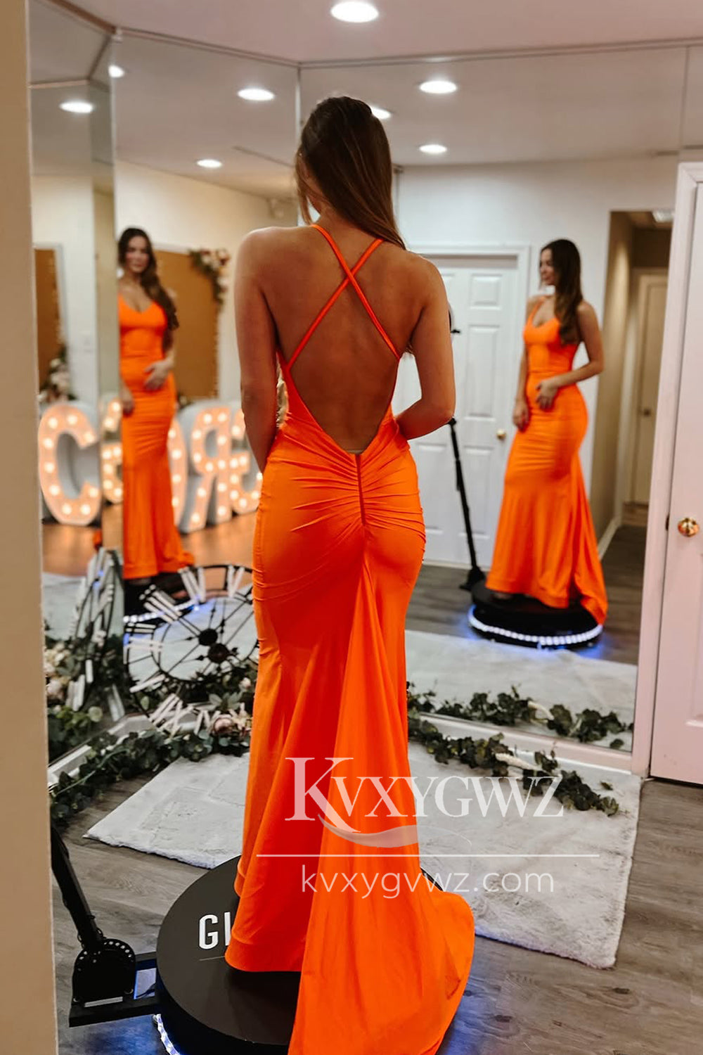 Simple Mermaid Halter Evening Gown Orange Satin Long Prom Dress With Slit LF1358