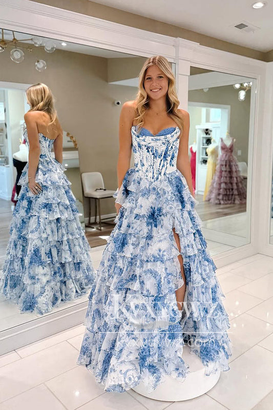 Princess A-Line Strapless Evening Gown Blue Floral Printed Chiffon Long Prom Dress with Slit LF1359