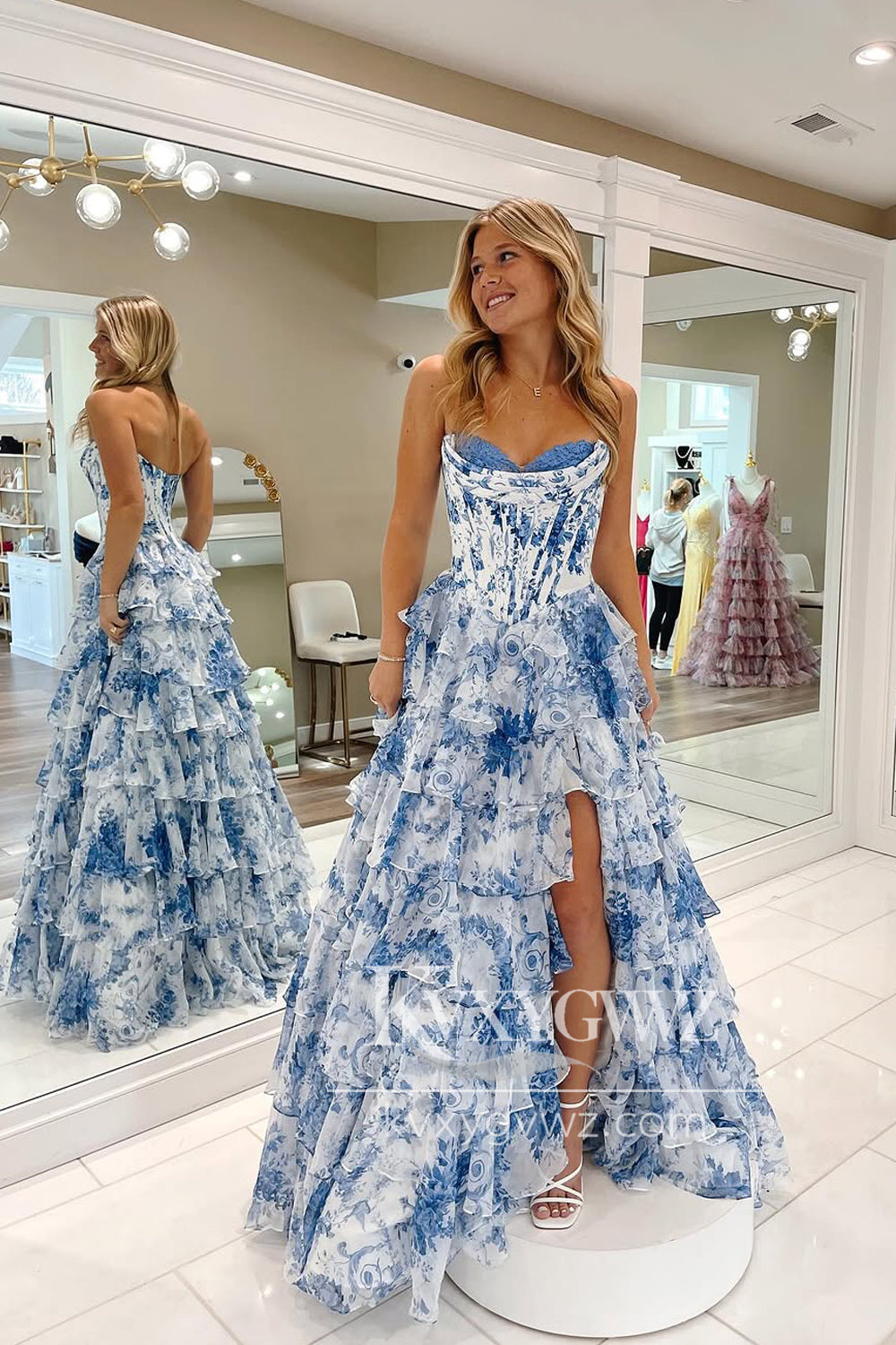Princess A-Line Strapless Evening Gown Blue Floral Printed Chiffon Long Prom Dress with Slit LF1359
