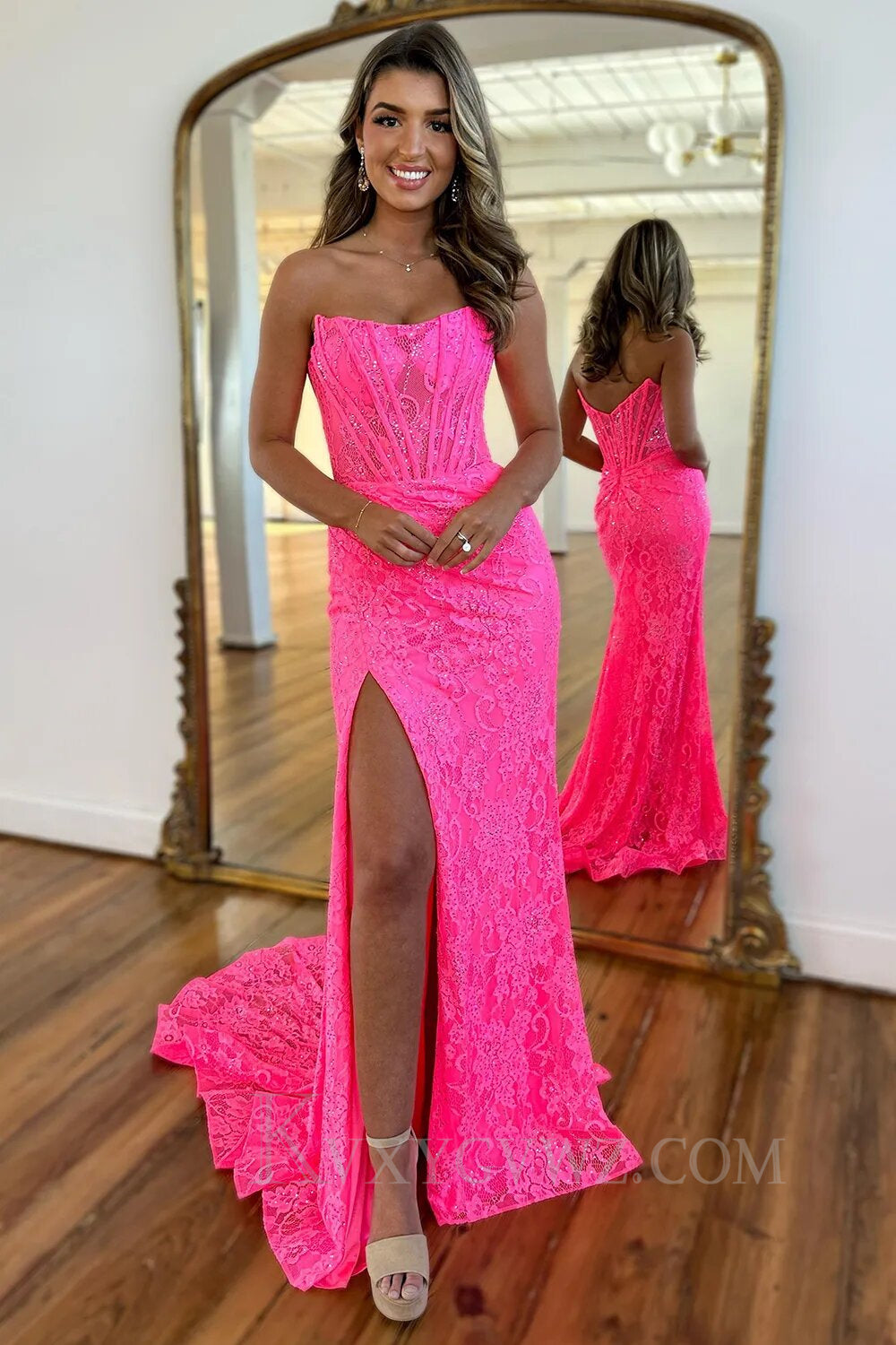 Sparkly Mermaid Black Strapless Corset Prom Dress with Appliques LF136