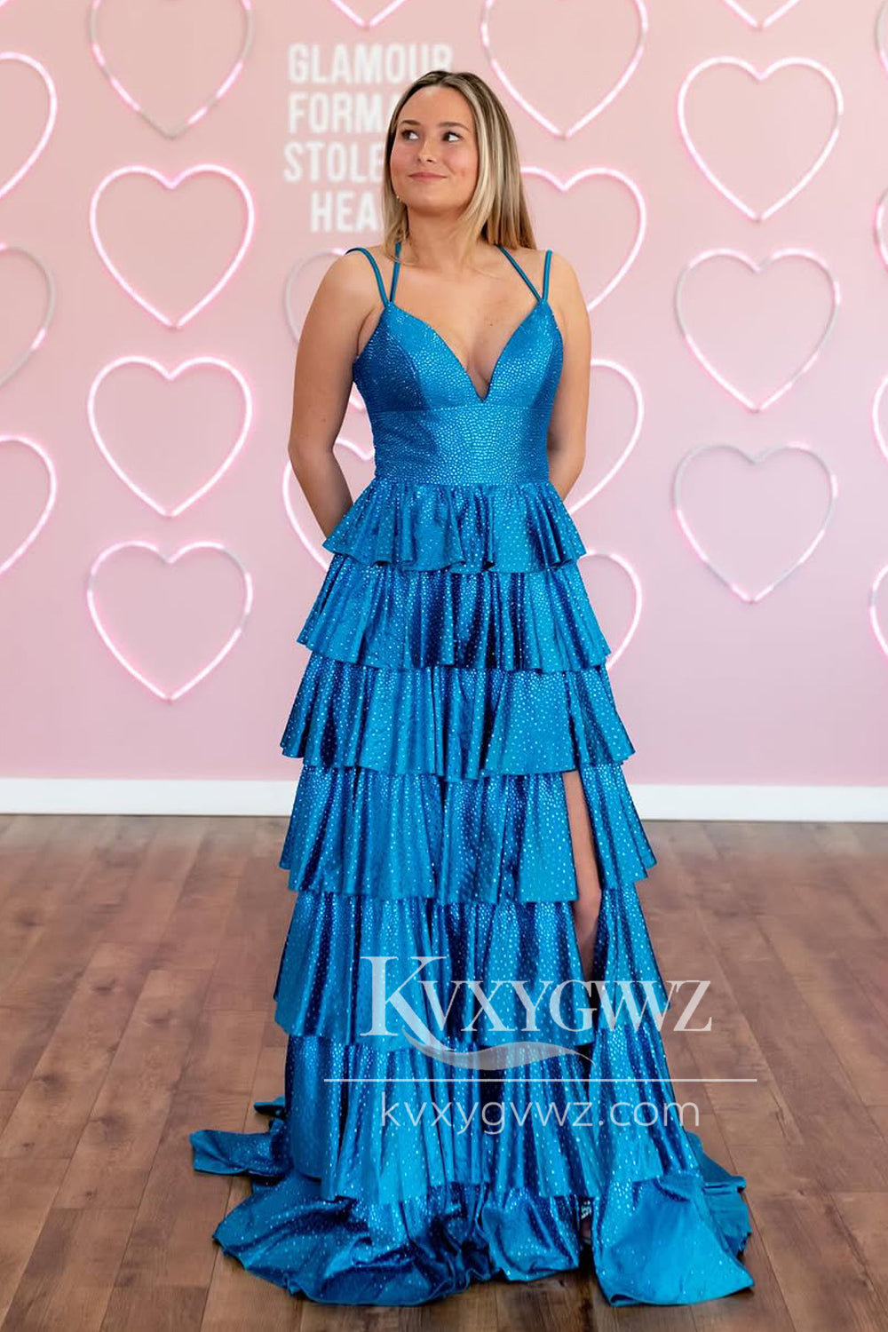 A-Line V Neck Blue Satin Evening Gown Beads Ruffle Tiered Long Prom Dress with Slit LF1360