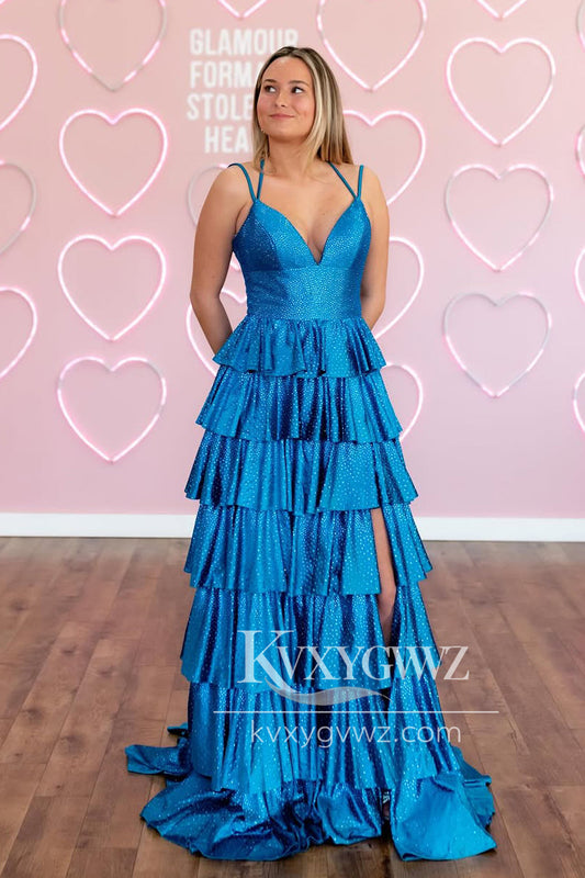 A-Line V Neck Blue Satin Evening Gown Beads Ruffle Tiered Long Prom Dress with Slit LF1360
