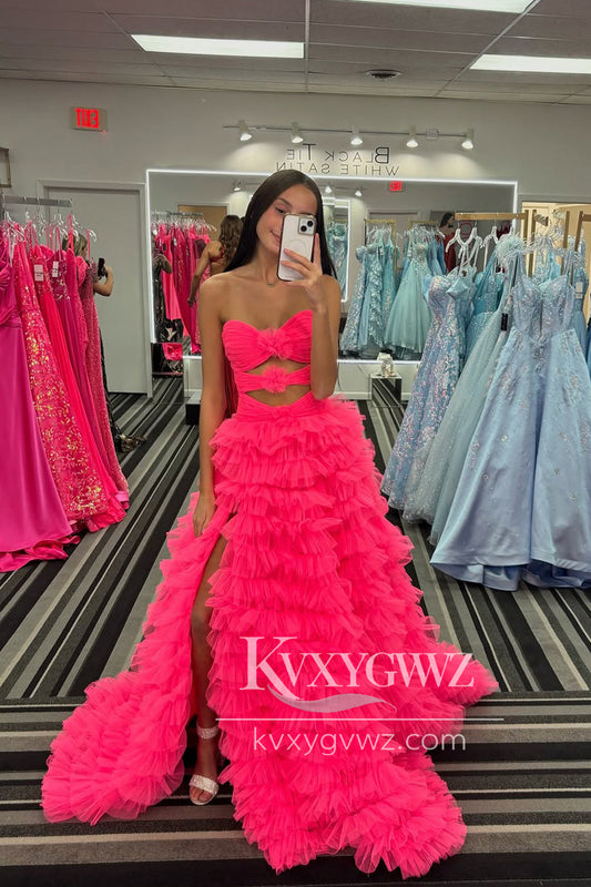 A-Line Strapless Fuchsia Evening Gown Ruffle Tiered Long Prom Dress with Slit LF1362