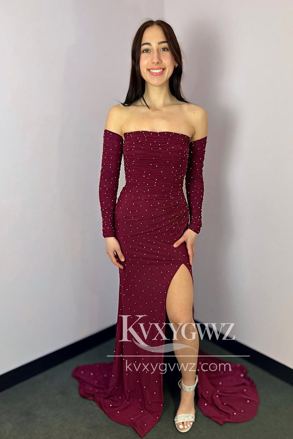 Mermaid Strapless Burgundy Evening Gown Beads Long Prom Dress with Slit LF1363