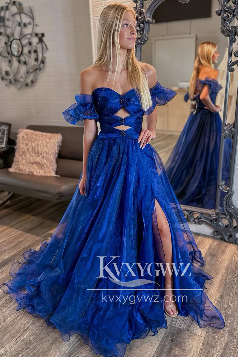 Fairy A Line Sweetheart Evening Gown Royal Blue Organza Slit Prom Dress with Beading LF1364