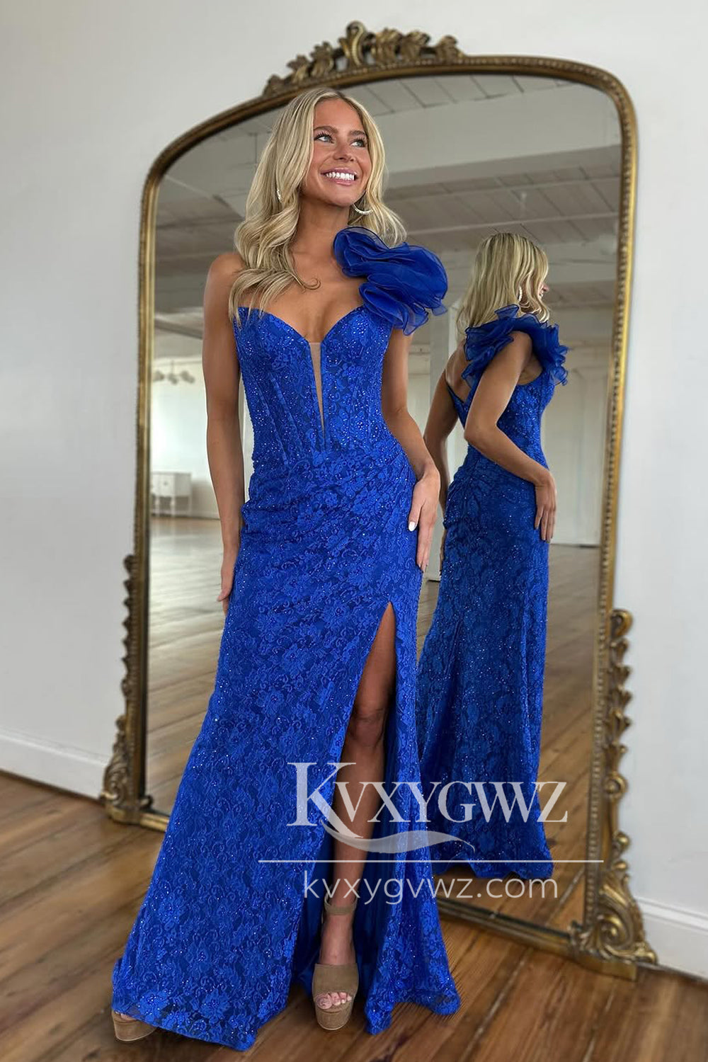 Mermaid One Shoulder Evening Gown Royal Blue Lace Long Prom Dress with Slit LF1365