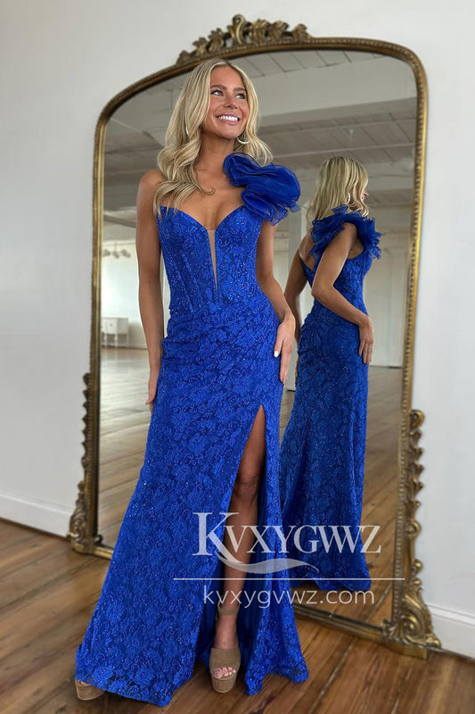 Mermaid One Shoulder Evening Gown Royal Blue Lace Long Prom Dress with Slit LF1365