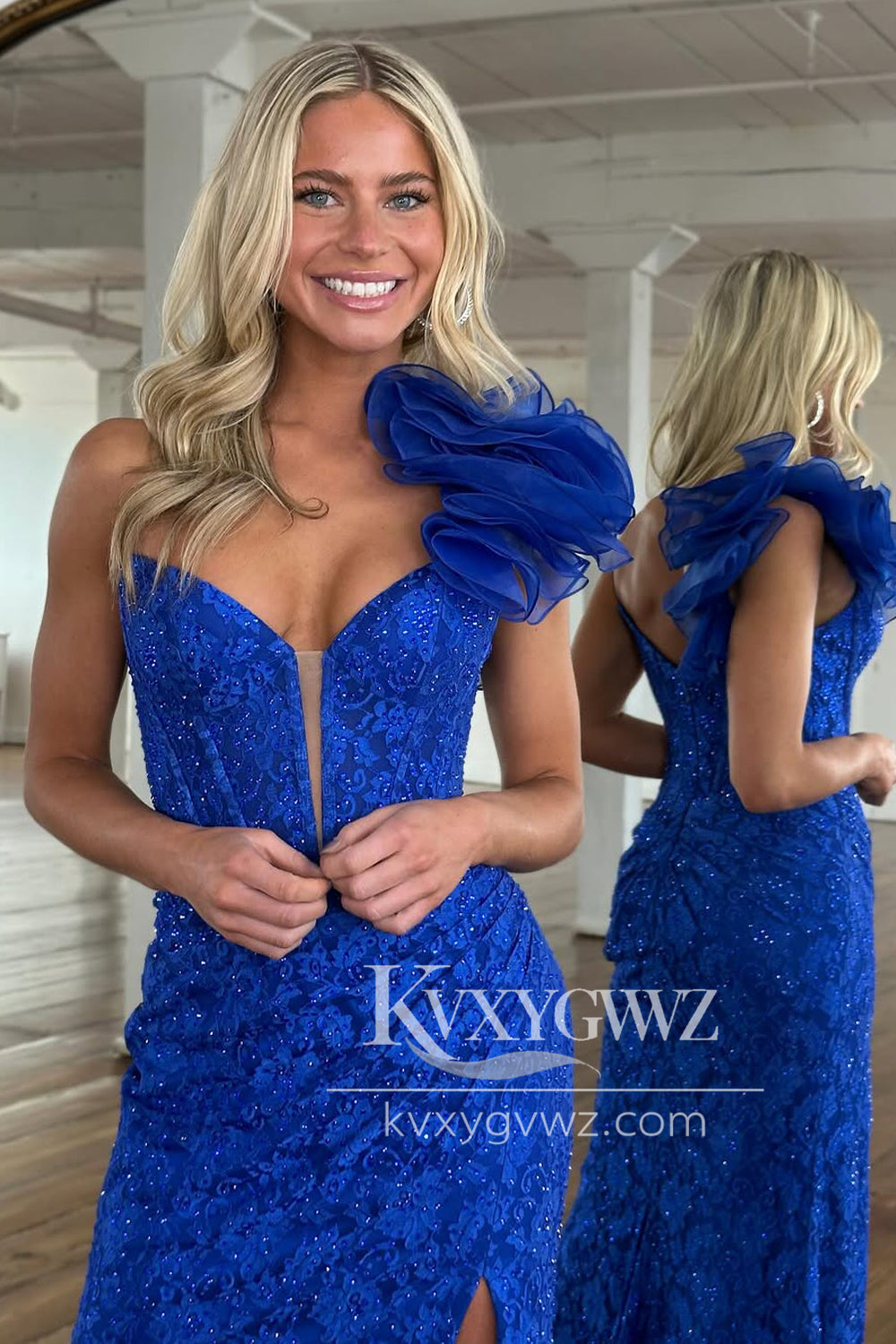 Mermaid One Shoulder Evening Gown Royal Blue Lace Long Prom Dress with Slit LF1365