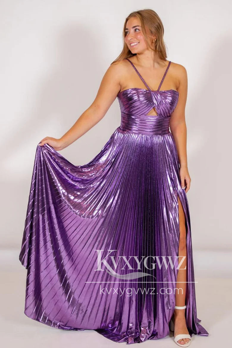 Glamorous A Line Staps Conspicuous Evening Gown Satin Long Prom Dress with Slit LF1366