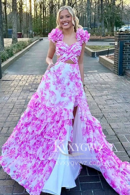 A-Line V Neck Pink Evening Gown Floral Printed Long Prom Dress with Ruffle Slit LF1367