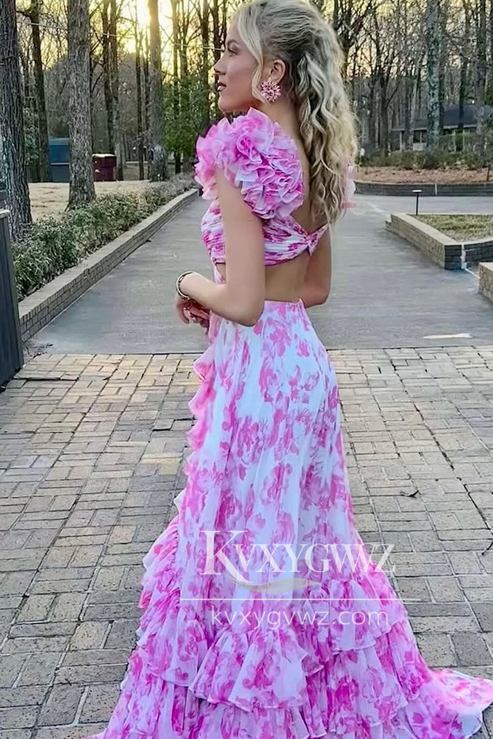 A-Line V Neck Pink Evening Gown Floral Printed Long Prom Dress with Ruffle Slit LF1367