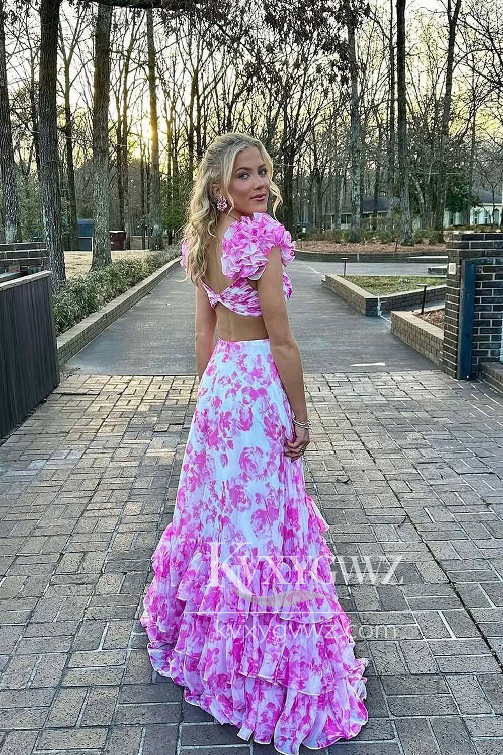 A-Line V Neck Pink Evening Gown Floral Printed Long Prom Dress with Ruffle Slit LF1367