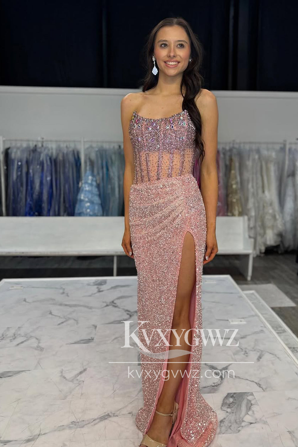 Mermaid Strapless Evening Gown Pink Sequins Beads Long Prom Dress with Slit LF1368
