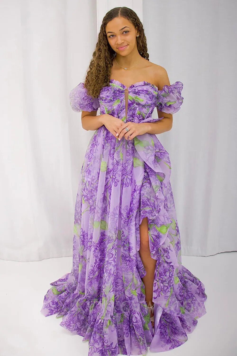 Purple Flower A Line Print Floral Puff Sleeve Chiffon Prom Dress with Slit LF137